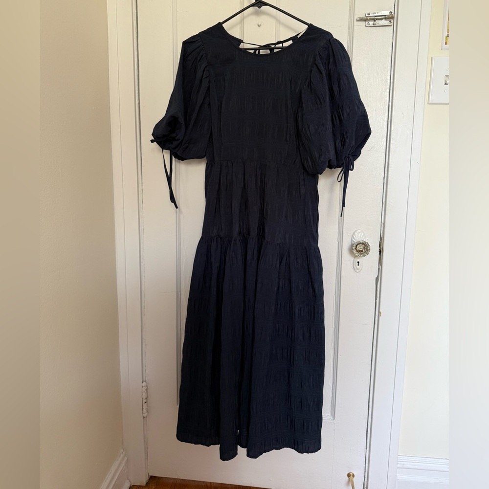 Moon River Puff Sleeve Navy Midi Christmas Holiday Dress With Stripe Texture M - Picture 2 of 7
